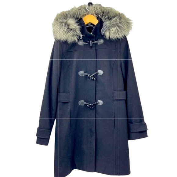 NAUTICA Black WITH GRAY FUR WOOL PARKA TOGGLE TUSK BUTTON PENNY LANE COAT M - Picture 2 of 10